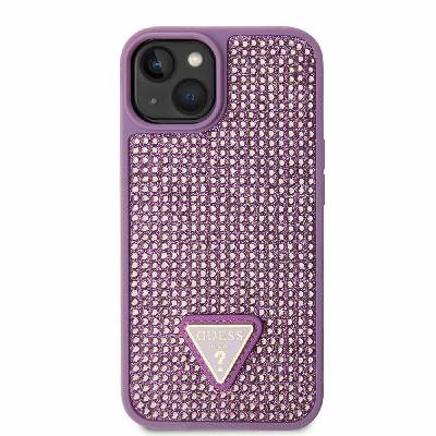 GUESS Rhinestones Triangle Metal Logo Case - силиконов (TPU) калъф за iPhone 14 (лилав)