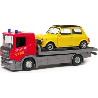Welly Scania P320 červenáa Mini Cooper yellow 1:57
