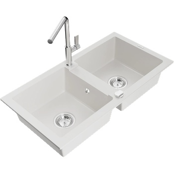 Mexen Mario гранитна мивка с 2 камери и кухненски смесител Flora, бял - 6504-20-670401-00 (6504-20-670401-00)