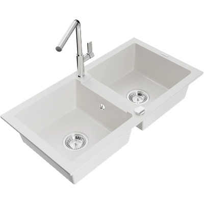 Mexen Mario гранитна мивка с 2 камери и кухненски смесител Flora, бял - 6504-20-670401-00 (6504-20-670401-00)
