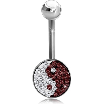 Šperky eshop ocelový piercing do bříška symbol Jin a Jang čiré a tmavě červené zirkonky SP33.24