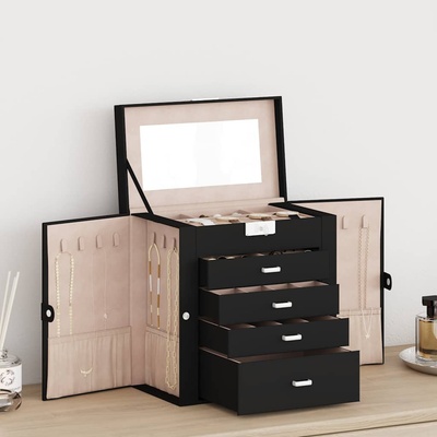 vidaXL Кутия за бижута 5-слойна с огледало заключваща се черна (4103563)