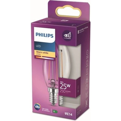 Philips 8718699777531 LED vláknová žiarovka E14, 2W, 250lm 2700K, priehľadná, sviečka