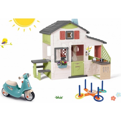 Smoby Set domček Priateľov a pretekárske odrážadlo Friends House Life s gumenými kolesami a kuchynka so zvončekom a kruhy na hádzanie