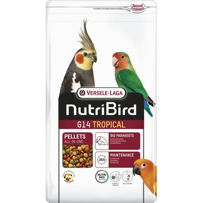 Versele-Laga Nutribird G14 Tropical - Пълноценна поддържаща храна за средни папагали, екструдирани пелети - многоцветни, 1 кг