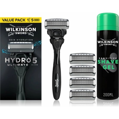Wilkinson Sword Hydro5 Ultimate holiaci strojček + náhradné hlavice 5 ks + Wilkinson Sword Sensitive Shave Gel 200 ml