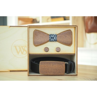 Wood Style Set Hranatý WS Modrotisk opasek motýlek a manžetové knoflíčky Hnědá Třešeň