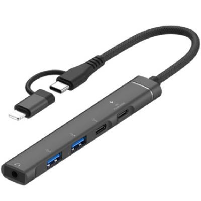 OTG-019Y 5в1 хъб - 3, 5 mm жак / 2x USB-C / 2x USB-A към USB-C / Lightning - тъмно сив (87217)