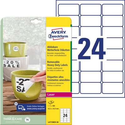 Etikety polyesterové 63,5x33,9mm Avery A4 biele odnímateľné 20 hárkov