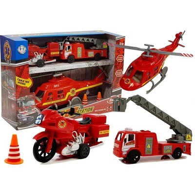 Lean Toys Sada hasičských vozidiel vrtuľník, vozidlo, motorka červená