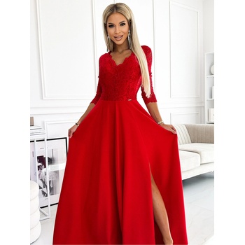 Numoco Елегантна дълга рокля от дантела с деколте и разкрояване на крачолите - червена Numoco AMBER numoco | Cherven | ЖЕНИ | S