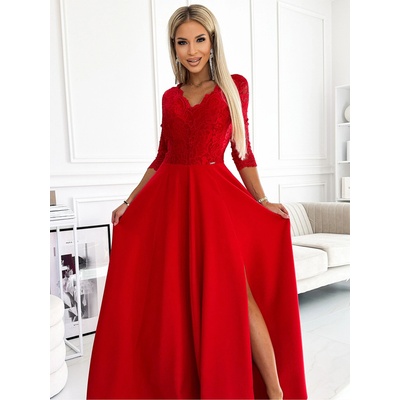Numoco Елегантна дълга рокля от дантела с деколте и разкрояване на крачолите - червена Numoco AMBER numoco | Cherven | ЖЕНИ | S