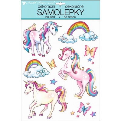 Room Decor 10267 Dětská samolepicí dekorace na stěnu jednorožci a motýli s glitry ( 35 x 27 cm )