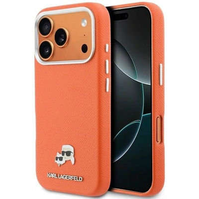 Karl Lagerfeld PU Karl and Choupette Heads Pins MagSafe kryt iPhone 17 Pro Max oranžový