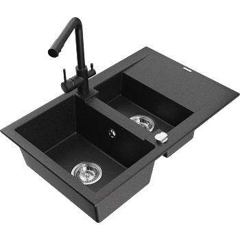 Mexen Gaspar гранитна мивка с 1, 5 камери с отцедник и кухненски смесител Duero, черен/сребрист - 6507-73-671600-70 (6507-73-671600-70)