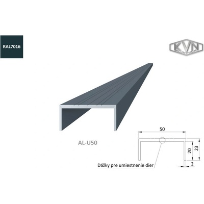 Hliníkový U profil 50 x 22 x 6000 mm, RAL 7016