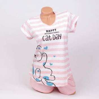 Image 1 of Лятна пижама на розово и бяло райе с коте и надпис