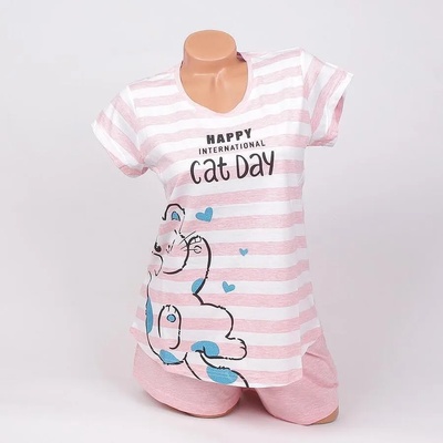 Лятна пижама на розово и бяло райе с коте и надпис