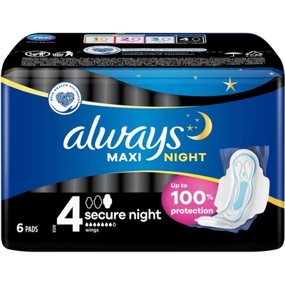 Always Maxi Secure Night Hygienické Vložky Velikost 4 S Křidélky 6 ks