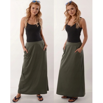 Fashionweek talianska pohodlná dlhá mikinová sukňa s vreckami MAXI ZIZI26 khaki