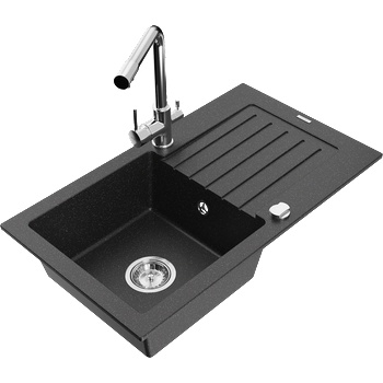 Mexen Pablo гранитна мивка с 1 отделение и отцедник и кухненска батерия Duero, черен/сребърен металик - 6510-73-671600-00 (6510-73-671600-00)