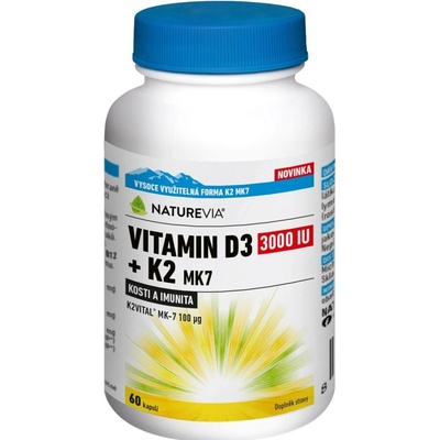 NatureVia Vitamin D3 3000IU + K2 MK7 60 kapslí
