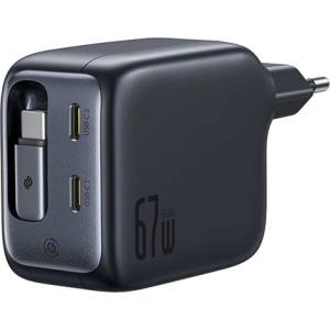 Baseus EnerCore CJ11 бързо зарядно устройство за мрежово захранване 67 W, 2xUSB Type-C + 1xUSB Type-C с кабел с автоматично прибиране, черно (E0121E00)