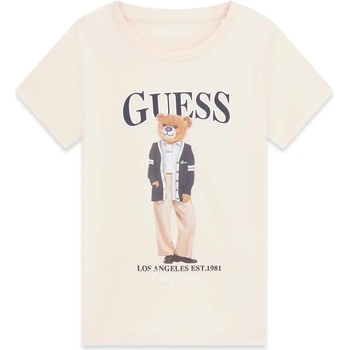 GUESS Бежова тениска за момиче с цветно мече и черен надпис Guess
