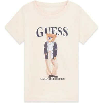 GUESS Бежова тениска за момиче с цветно мече и черен надпис Guess