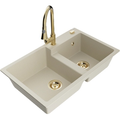 Mexen Tomas гранитна мивка с 2 камери и кухненски смесител Elia, бежов - 6516-69-670101-50 (6516-69-670101-50)
