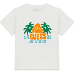 GUESS Бяла тениска за мини момче с оранжева щампа и надпис Guess