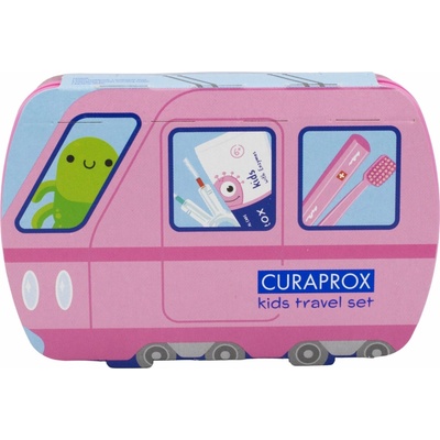 Curaprox Kids travel ružový zubná kefka 2 x medzizubná kefka CPS zubná pasta melón 6+ 10 ml nálepka darčeková sada