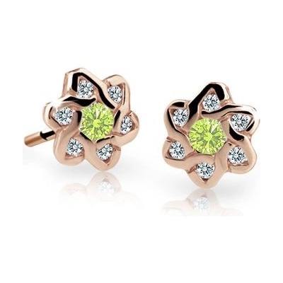 Danfil dětské náušnice kytičky C2149 z růžového zlata s kamínky Peridot Green zapínání puzeta