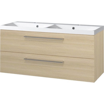 Mereo Bino, kúpeľňová skrinka s umývadlom z liateho mramoru 121 cm, dub Sand Barbera