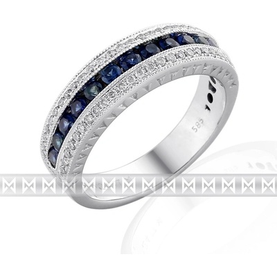 Diamantový prsten z bílého zlata posetý diamanty 60ks a modrými safíry 13ks