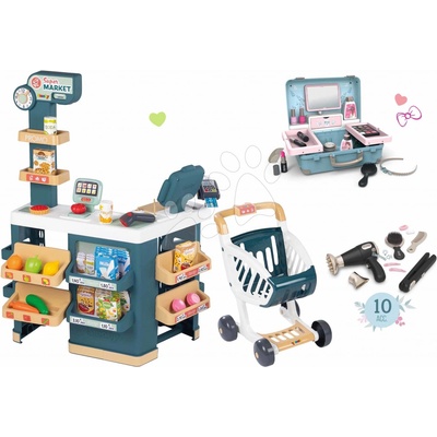 Smoby Set obchod elektronický s váhou a skenerom Super Market a kozmetický kufrík 3v1 a kaderníčka s elektronickým fénom