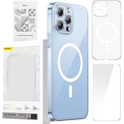 Pouzdro Phone case Baseus Magnetic Crystal Clear for iPhone 13 Pro transparent with all-tempered-glass screen protector and cleaning kit