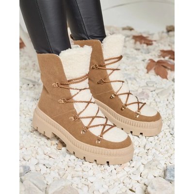 Resti Women's insulated trapper boots with sheepskin in camel Lery Walk hnedé