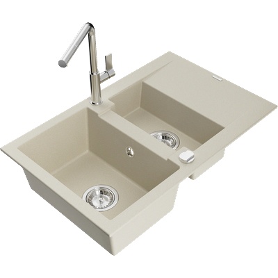 Mexen Gaspar гранитна мивка с 1.5 камери с отцеждател и кухненски смесител Flora, бежов - 6507-69-670401-00 (6507-69-670401-00)