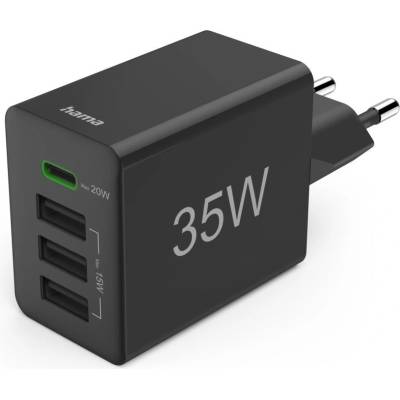 Зарядно устройство Hama 201990, от контакт към 1x USB C(ж)/3x USB A(ж), черно, 35W, QC 3.0 (HAMA-201990)