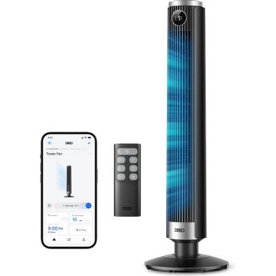 DREO Smart 102-114cm tower fan for bedroom, height adjustable, 8.4m/s, DC motor, 9 levels, 4 modes, 90° oscillation, pedestal fan, 20dB quiet, 12H timer for home and office, Google/Alexa - DR-HTF024S