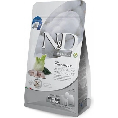 Farmina N&D DOG GRAIN FREE Spirulina White Dog Sea Bass & Fennel Adult MEDIUM MAXI - монопротеинова суха храна без зърнени култури за кучета с бяла козина от средни и едри породи над 1 година, с лаврак, спирулина и фенел - 7 кг, PND0700102