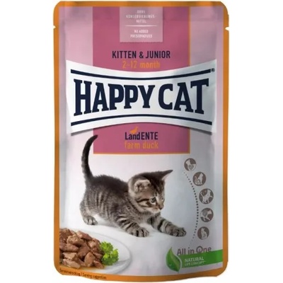 Happy Cat MIS Kitten & Junior Farm Duck - паучове за подрастващи котенца от 2-рия до 6-ия месец, с патешко месо в сос, 85 гр, Германия - 70625