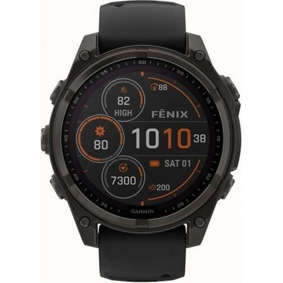 Смарт часовник Garmin FENIX 8 SOLAR 47 мм Sapphire, 1.3"(3.30), трансфлективен дисплей, GPS, Bluetooth, 10 ATM, 32 GB вградена памет, 21 дни време на работа, Black/Pebble Gray силиконова каишка, сив (010-02906-11)