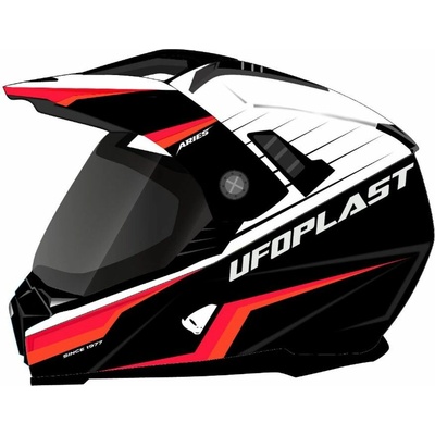 UFO přilba ARIES OFFROAD / DUAL / TOURER / CROSSOVER se štítem, kšiltem a sluneční clonou barva černá/bílá/červená fluo velikost S (ECE 22R06)