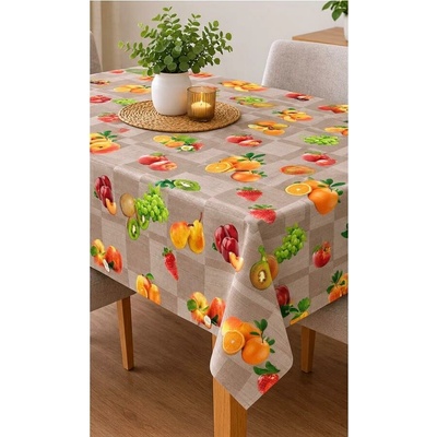 Obrus PVC MIS585, metráž, 20 m x 140 cm, ovocný mix na hnedom podklade, IMPOL TRADE