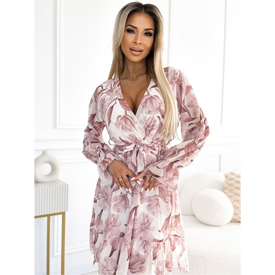 Numoco Рокля от шифон с деколте, волани и колан - бежови цветя Numoco numoco | Bezhov | ЖЕНИ | ЕДИН РАЗМЕР