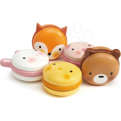Tender Leaf Toys Drevené sladké makrónky Animal Macarons kuriatko, medveď, zajac, líška a prasiatko