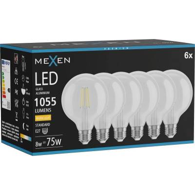 Mexen Vintis 6x LED нишкова крушка E27, G95, 8W, Топла - 2700K, 1055 lm, прозрачна (L157-E27-0827-00x06)