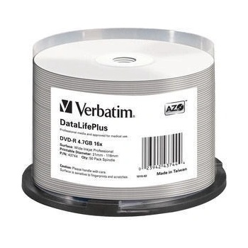 Verbatim DVD-R(50-Pack)Spindle/Printable/16x/4.7GB/WIDE PRINTABLE SURFACE NON-ID (43744)